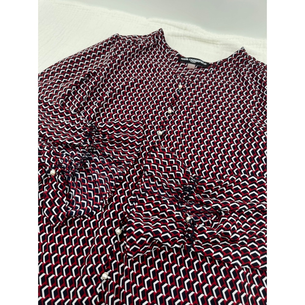 Karl Lagerfeld Paris Blouse Womens Medium Red Geometric Print Ruffle Cuffs